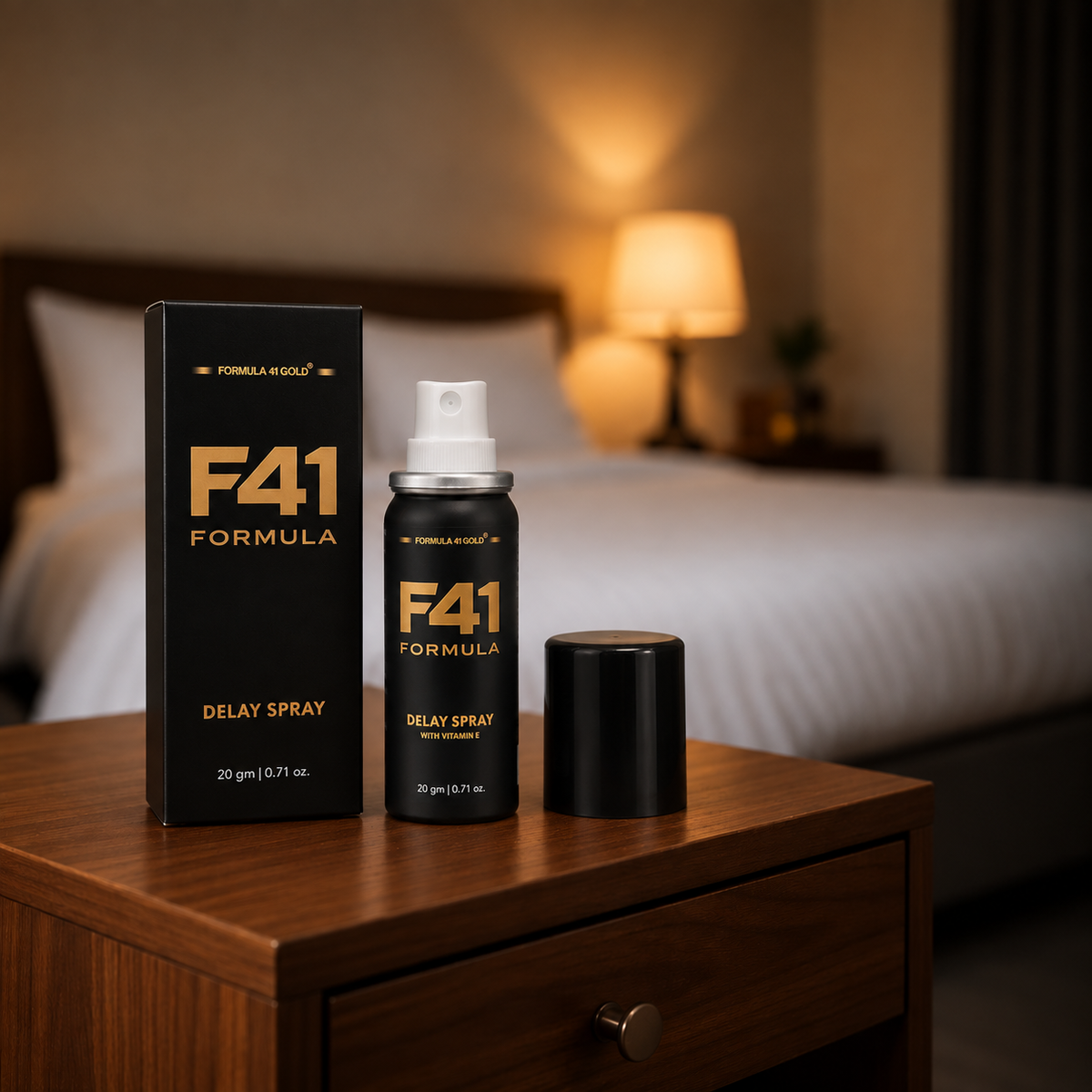 Formula 41 Men's Delay Spray 10 ml carton and bottle on a hotel nightstand