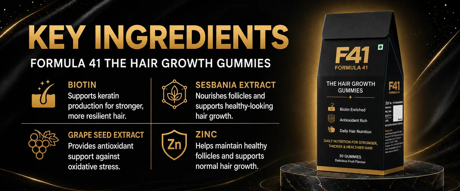 What's inside. Biotin, sesbania extract, grape seed extract, zinc.