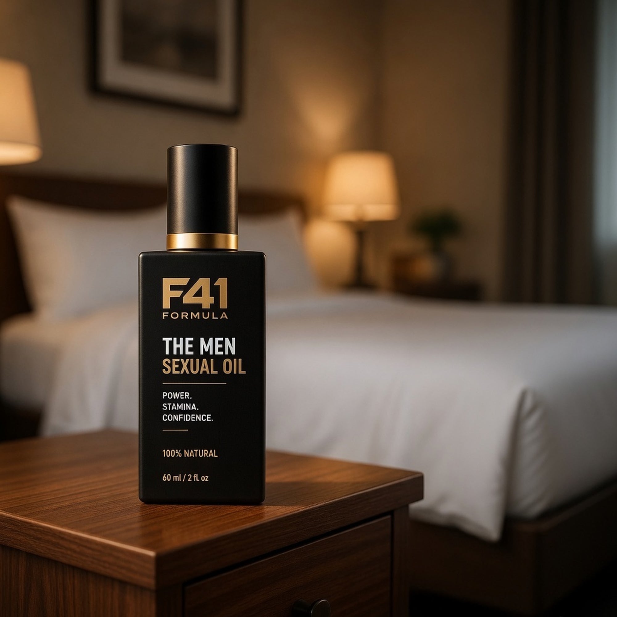 Formula 41 Men's Performance Oil 60 ml bottle on a hotel nightstand