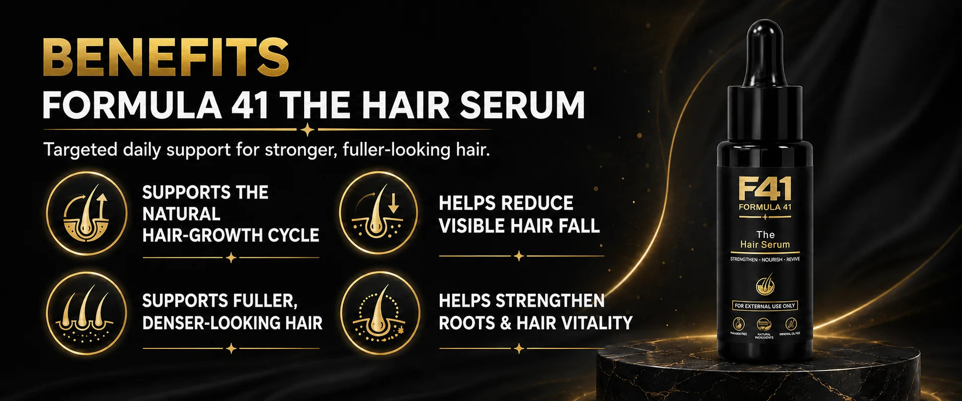What it does. Targeted daily support for stronger, fuller-looking hair. Supports the natural hair-growth cycle, helps reduce visible hair fall, supports fuller, denser-looking hair, helps strengthen roots and hair vitality.